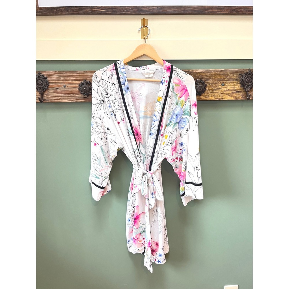 Soma Womens Floral Short Robe White Pink Blue Jersey‎ Knit Wrap Size L XL